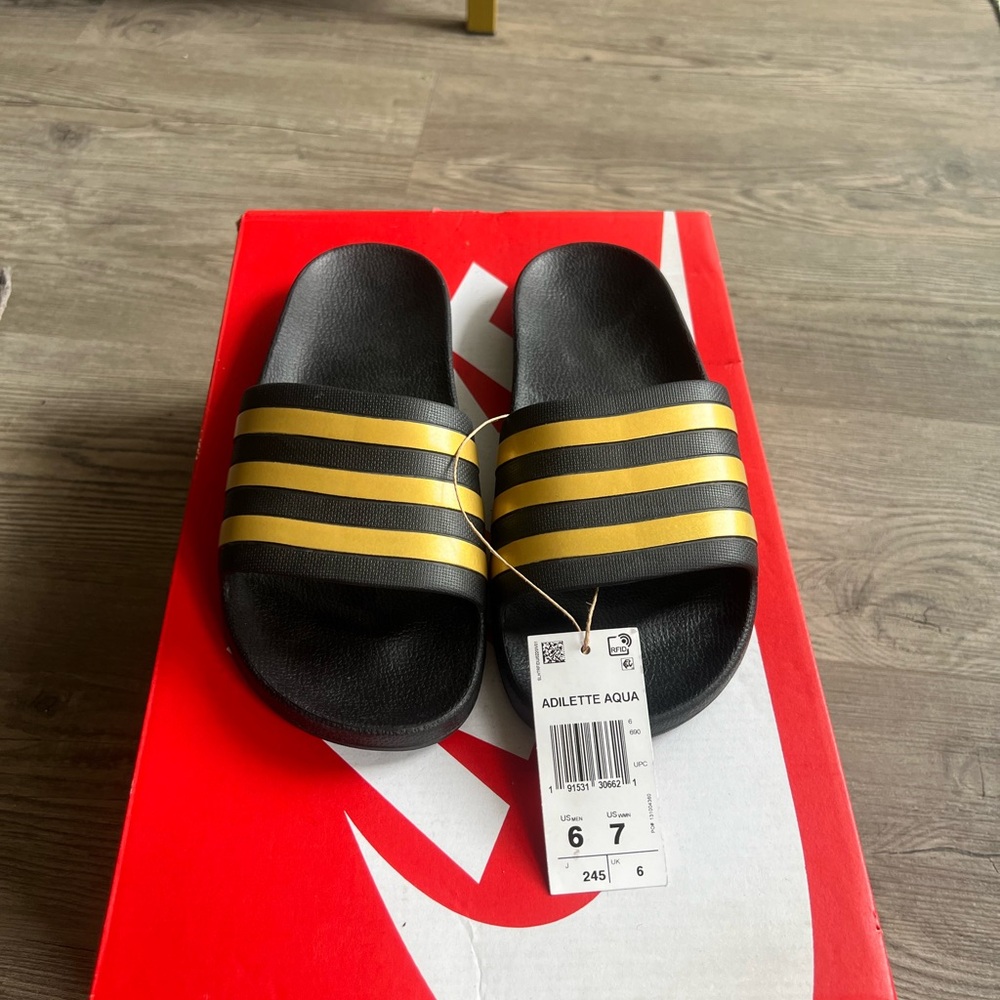 adidas Adilette Aqua Slides ‘Core Black Gold Metallic’